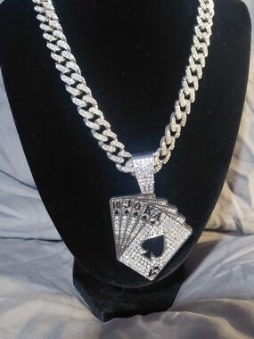 Men's Silver-Tone Paved Playing Cards Pendant Chain Necklace